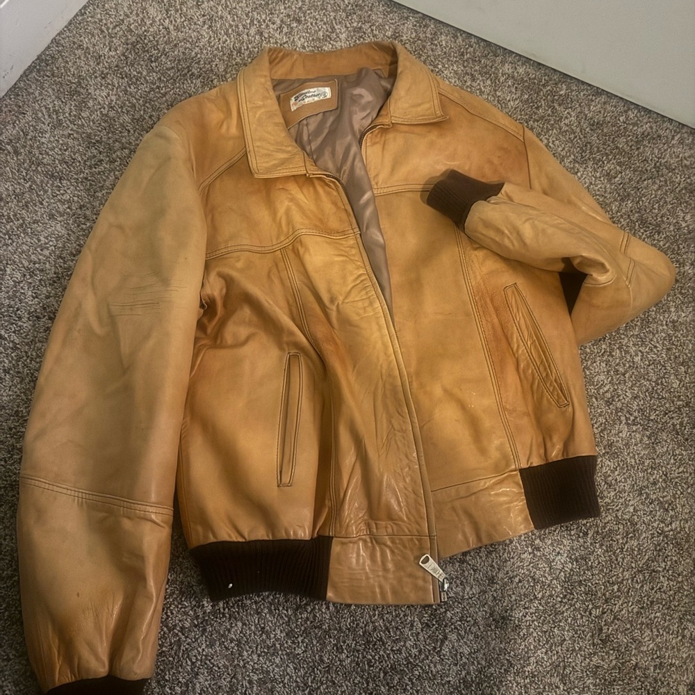 Tan Leather Bomber Jacket with Brown Accents